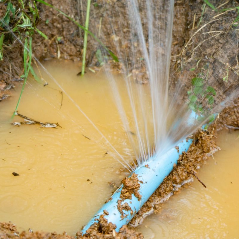 Water pipe break,leaking from hole in a hose  connection joint of plastic pipes Water supply system,selective focus